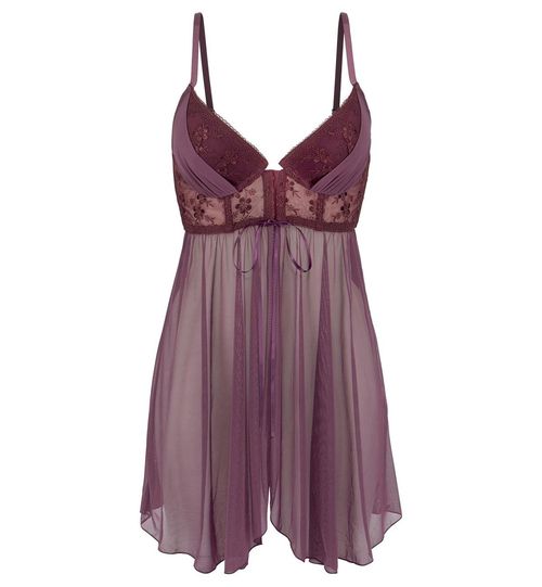 Lascana Women's Embroidered Lace Push Up Flowy Front Closure Open Front Purple Babydoll - Purple