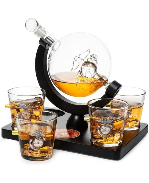 The Wine Savant U.s. Marine Globe Whiskey Decanter Set - Clear