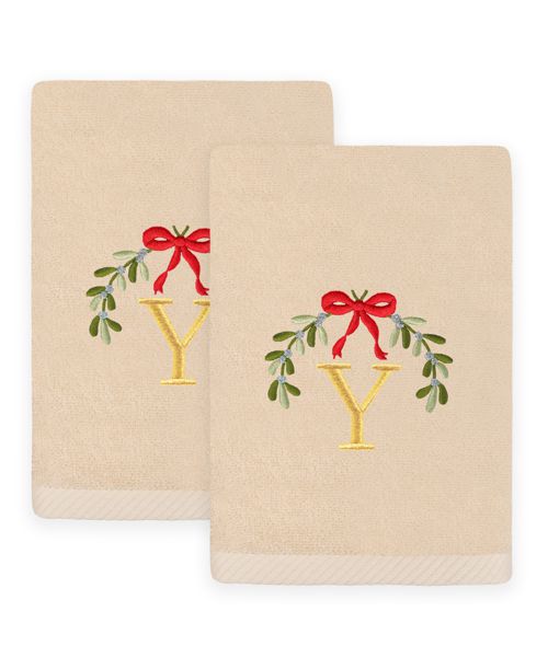 Linum Home Christmas Mistletoe Monogram Beige Embroidered Luxury Turkish Cotton Hand Towels, 2 Piece Set - Y