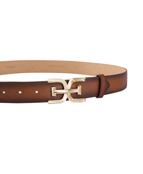 Sam Edelman Women's Brass-Tone Double-e Plaque Buckle Casual Belt - Tan