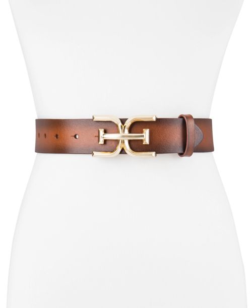 Sam Edelman Women's Brass-Tone Double-e Plaque Buckle Casual Belt - Tan
