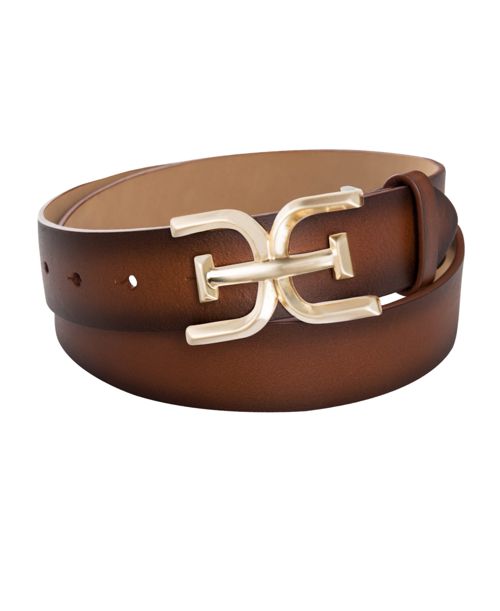 Sam Edelman Women's Brass-Tone Double-e Plaque Buckle Casual Belt - Tan