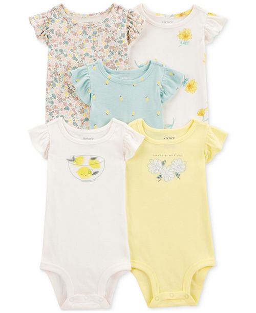 Carter's Baby Girls Cotton Short-Sleeve Lemon Bodysuits, Pack of 5 - Yellow Multi