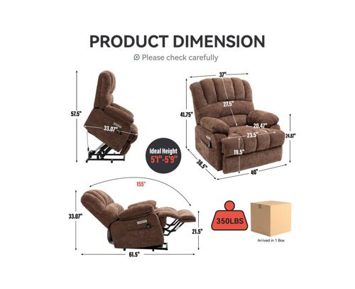 Casainc 23"W Seat High-Back Chenille Power Lift Recliner Chair with 8-Point Vibration Massage and Lumbar Heating - Brown
