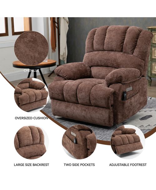 Casainc 23"W Seat High-Back Chenille Power Lift Recliner Chair with 8-Point Vibration Massage and Lumbar Heating - Brown