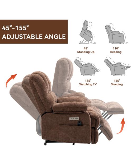 Casainc 23"W Seat High-Back Chenille Power Lift Recliner Chair with 8-Point Vibration Massage and Lumbar Heating - Brown