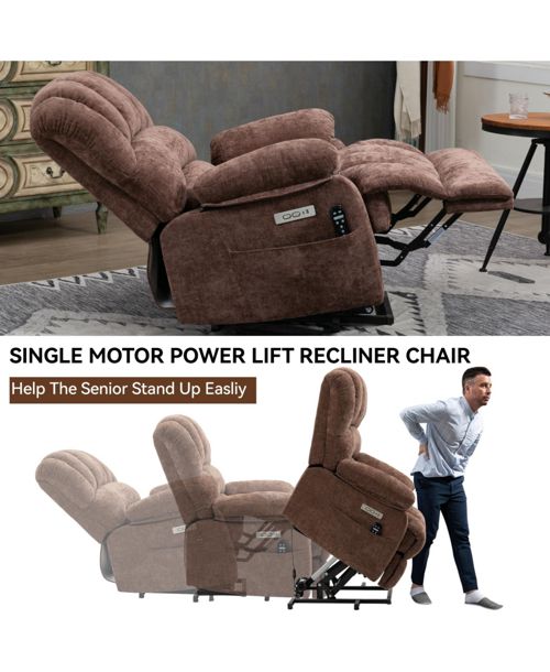 Casainc 23"W Seat High-Back Chenille Power Lift Recliner Chair with 8-Point Vibration Massage and Lumbar Heating - Brown