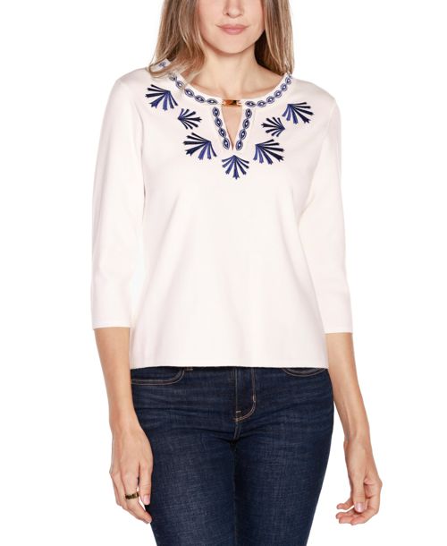 Belldini Women's Black Label Embroidered Split-Neck Sweater - White