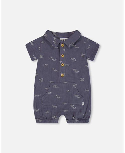 Deux par Deux Baby Boys Printed Muslin Romper Navy Blue Paper Boats - Navy blue paper boat