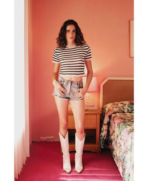 Pcfg Women's Striped Short Sleeve Knit Top - Black/white