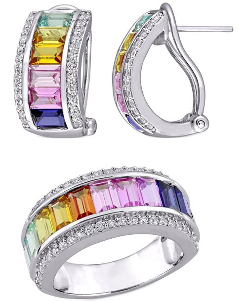 2-Pc. Set Lab-Grown Multi-Sapphire Baguette Ring & Matching Hoop Earrings (8-1/10 ct. t.w.) in Sterling Silver - Multi-Sapphire