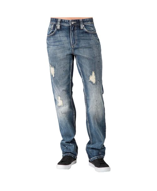 Level 7 Men's Slim Straight Destroyed Sanding Whiskering Premium Jeans - Speckled blue