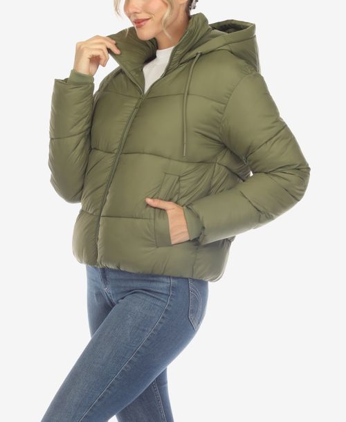 White Mark Women's Full Front Zip Hooded Bomber Puffer Jacket - Olive