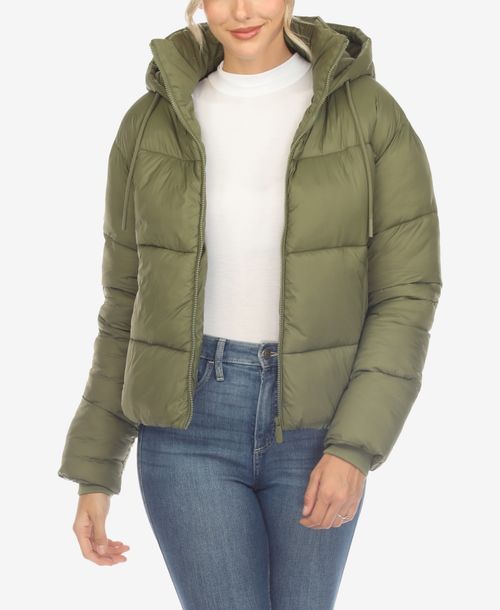 White Mark Women's Full Front Zip Hooded Bomber Puffer Jacket - Olive