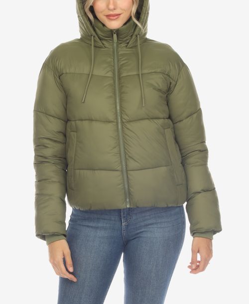 White Mark Women's Full Front Zip Hooded Bomber Puffer Jacket - Olive
