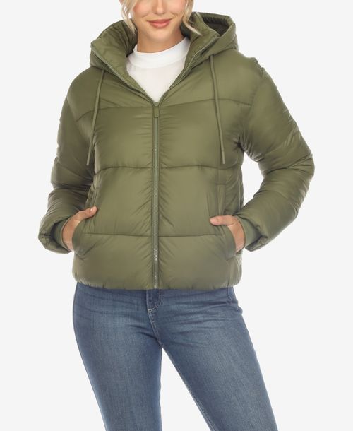 White Mark Women's Full Front Zip Hooded Bomber Puffer Jacket - Olive