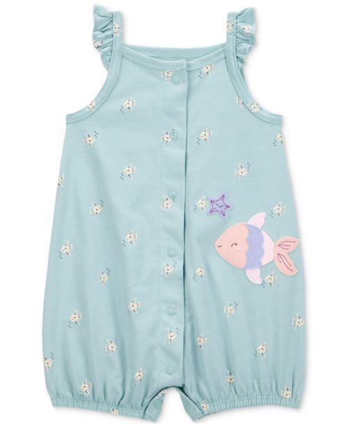 Carter's Baby Girls Cotton Snap-Up Romper - Blue/Fish