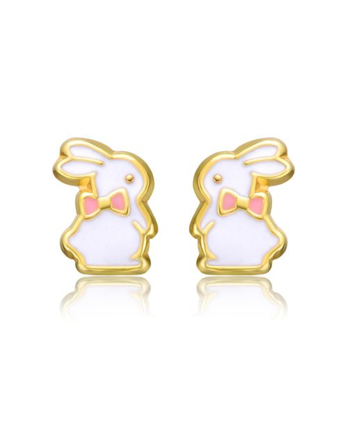 GiGiGirl Sterling Silver 14K Gold Plated White Enamel & Pink Bow Tie Bunny Rabbit Stud Earrings - White