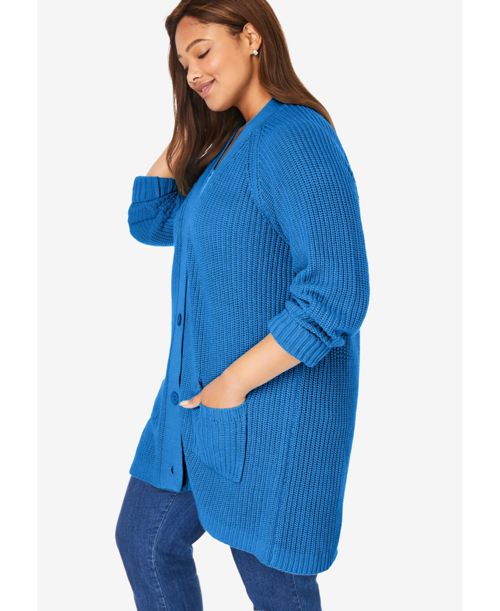Woman Within Plus Size Within Button-Front Shaker Cardigan - Bright cobalt