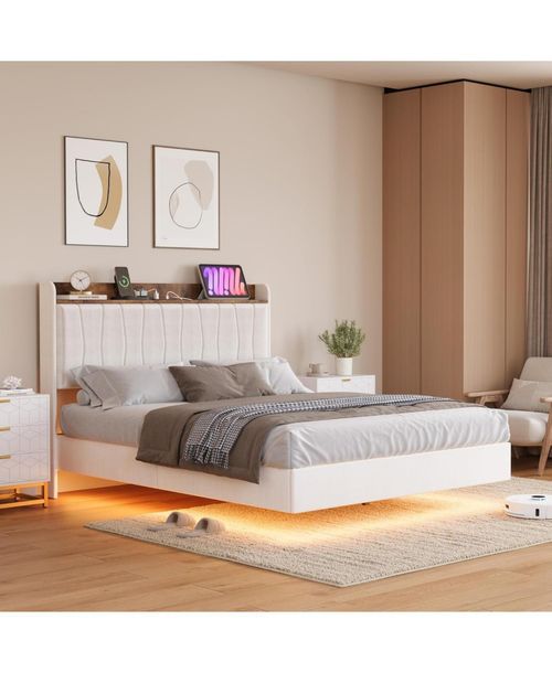 Gaomon Queen Size Floating Bed Frame with Led Lights & Charging Station - Upholstered Platform Bed - Beige