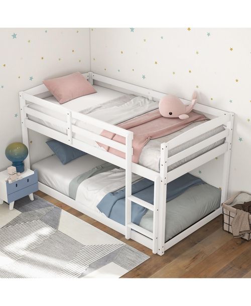 Costway Twin over Twin Low Bunk Bed with Guardrails Integrated Ladder Kids Wooden - White