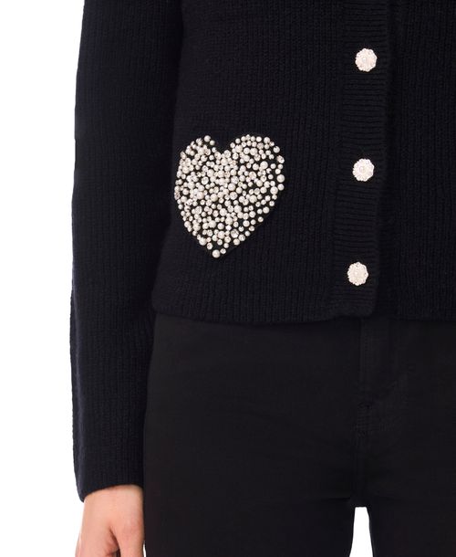 CeCe Women's Crewneck Rhinestone Heart Pocket Cardigan - Rich Black