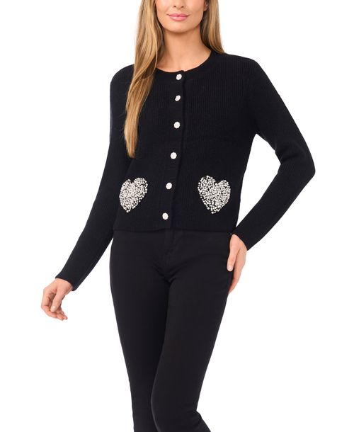 CeCe Women's Crewneck Rhinestone Heart Pocket Cardigan - Rich Black