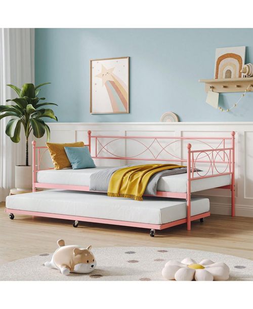 gaomon Metal Twin Daybed and Trundle Set, Twin Size, Steel Slat Support, Multifunctional Daybed Frame for Bedroom, Living Room, Guest Room - Pink