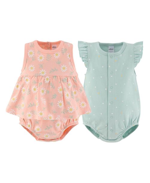 The Peanutshell Baby Girls Rompers - 2 Pack, Daisy - Pink/mint green