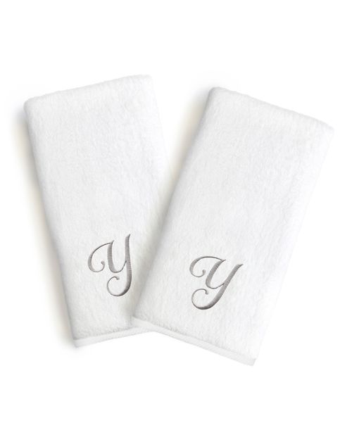 Linum Home Linum Font Monogrammed Luxury 100% Turkish Cotton Novelty 2-Piece Hand Towels, 16" x 30" - Gray - Y
