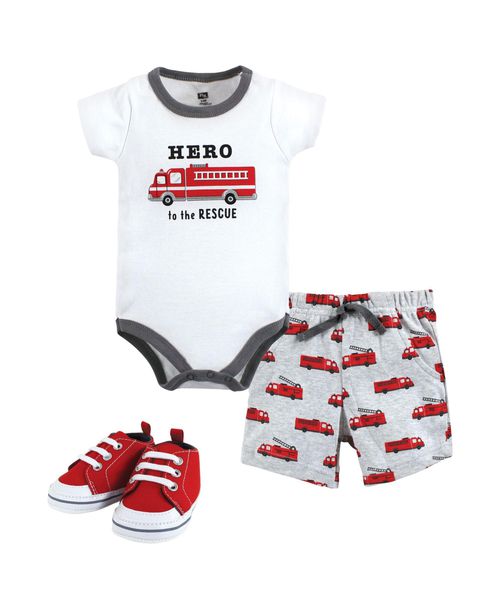Hudson Baby Baby Boys Hudson Cotton Bodysuit, Shorts and Shoe Set - Firetruck hero
