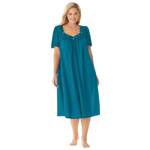 Only Neccessities Plus Size Short Silky Lace-Trim Gown - Deep teal