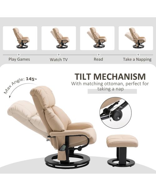 Homcom Massage Recliner Chair, Footrest, 360 Swivel Lounger w/ Ottoman, - Beige