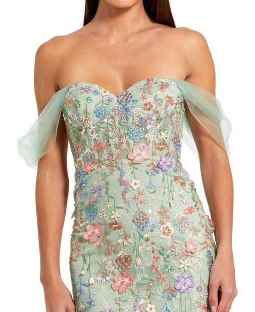 Mac Duggal Women's Off The Shoulder Bustier Emboridered Net Gown - Sage multi