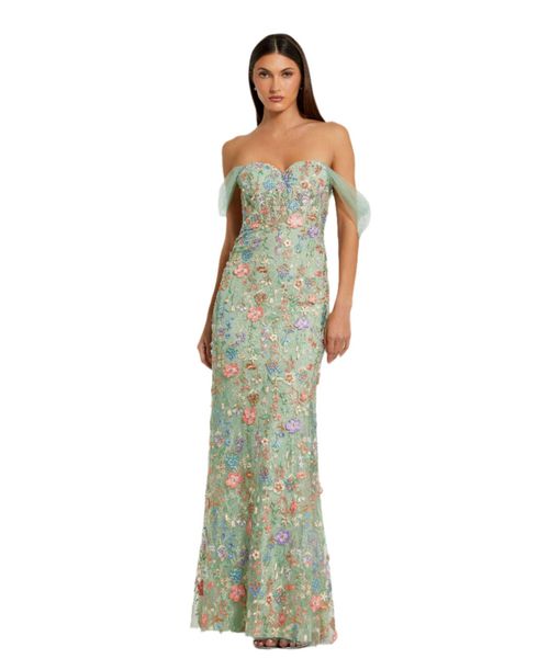 Mac Duggal Women's Off The Shoulder Bustier Emboridered Net Gown - Sage multi