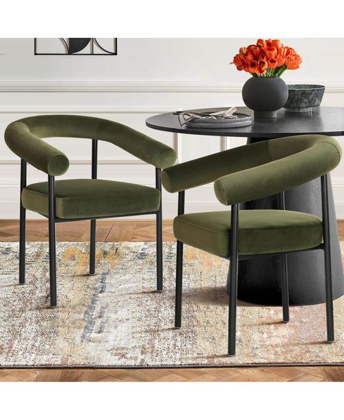 Maison Boucle Set of 2 Velvet Upholstered Dining Armchairs Curved Arms Metal Frame - Green