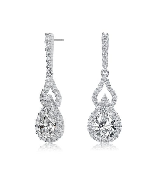 Sterling Silver with Rhodium Plated Clear Pear and Round Cubic Zirconia Halo with Open Pear Drop Earrings - Clear