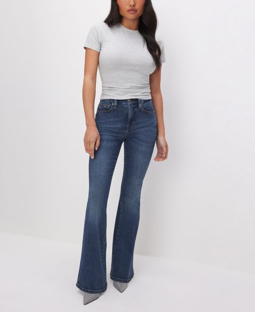 Good American Petite Good Mid-Rise Flare-Leg Jeans - Dark Blue