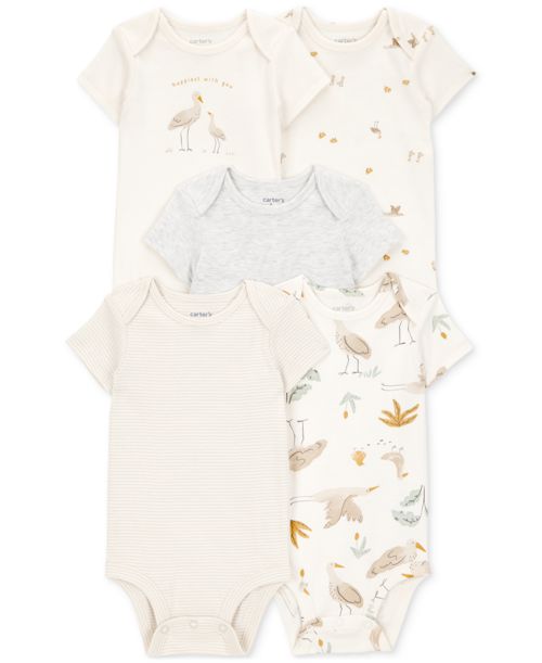 Carter's Baby Boy or Baby Girl Striped Birds Short-Sleeve Bodysuits, 5 Pack - Ivory/Birds
