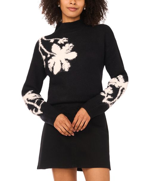 Vince Camuto Women's Floral Motif Long-Sleeve Sweater - Rich Black
