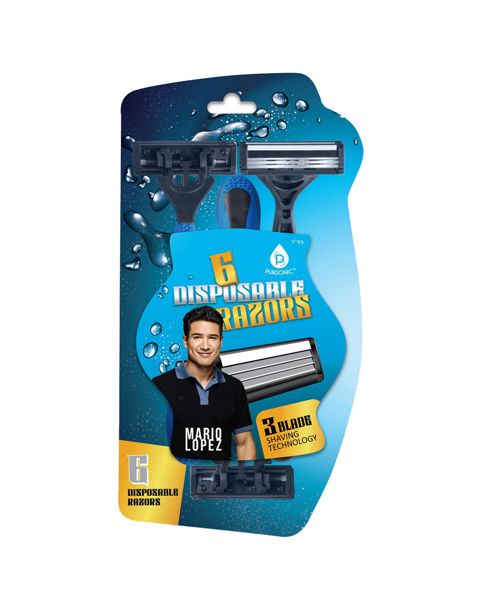Pursonic Mario Lopez 6 Disposable Razors - 3 Blade Shaving Surface Technology - Blue