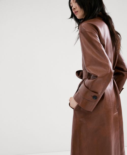 Mango Women's Long Faux-Leather Belt Trench Coat - Brown