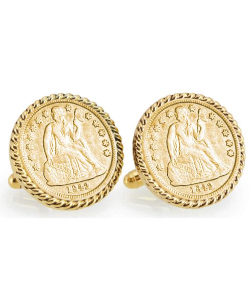 American Coin Treasures Gold-Layered Seated Liberty Silver Dime Rope Bezel Coin Cuff Links - Gold