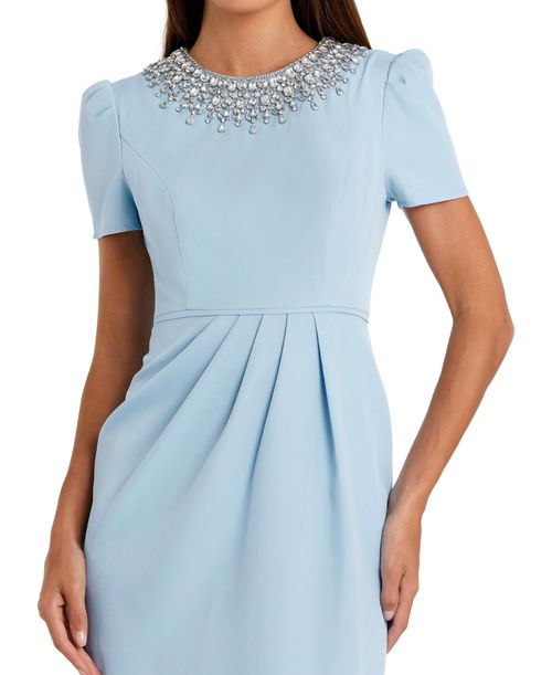 Mac Duggal Women's Short Sleeve Rhinestone Neckline Sheath Dress - French blue