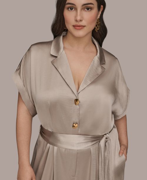 Donna Karan New York Plus Size Satin Collared Jumpsuit - Vapor