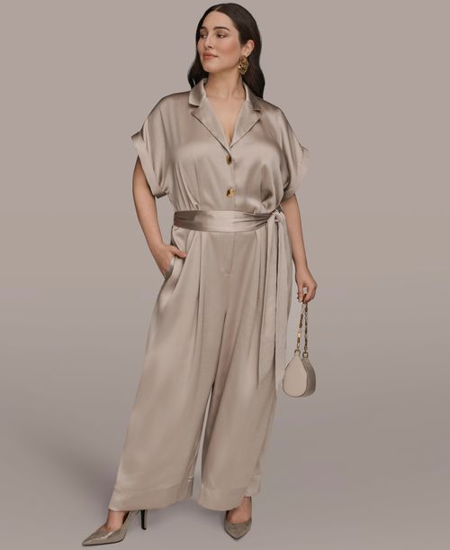 Donna Karan New York Plus Size Satin Collared Jumpsuit - Vapor