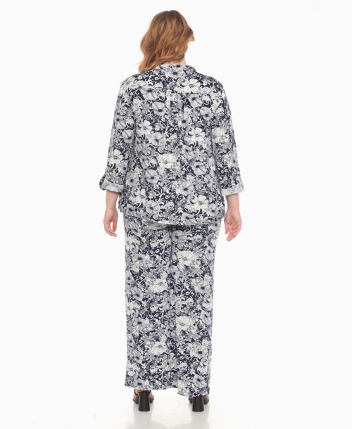 White Mark Plus Size 2-Piece Floral Print Tunic Top and Pants Set - Navy