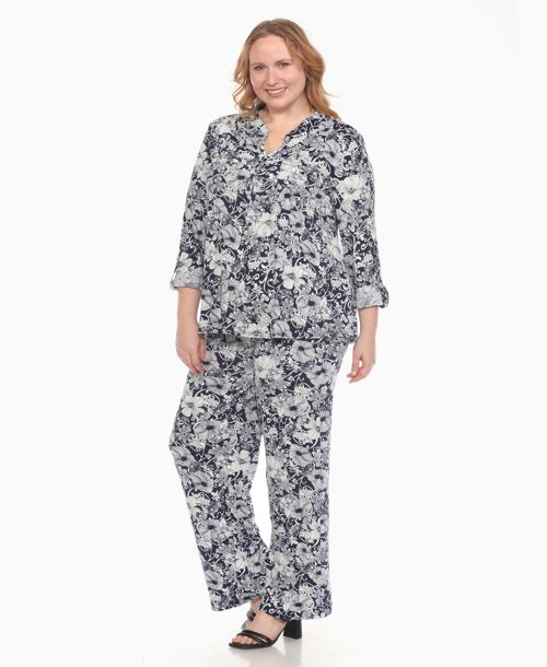 White Mark Plus Size 2-Piece Floral Print Tunic Top and Pants Set - Navy