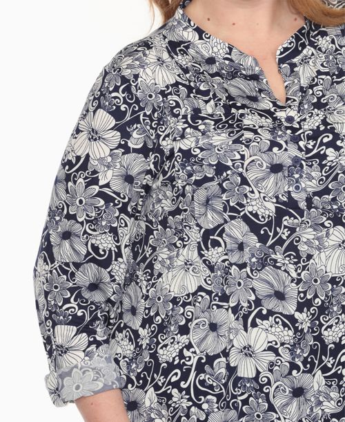 White Mark Plus Size 2-Piece Floral Print Tunic Top and Pants Set - Navy