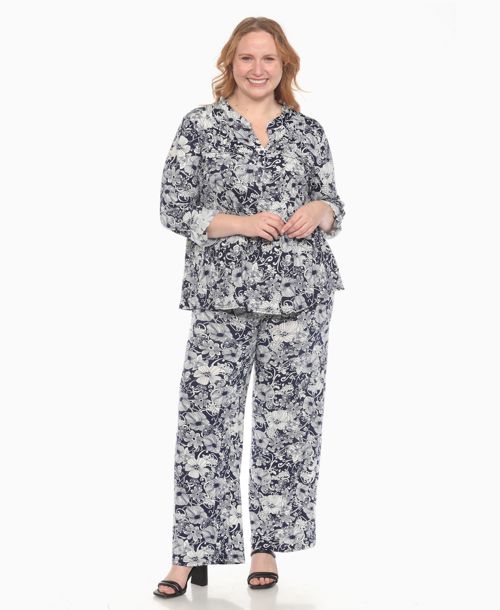White Mark Plus Size 2-Piece Floral Print Tunic Top and Pants Set - Navy